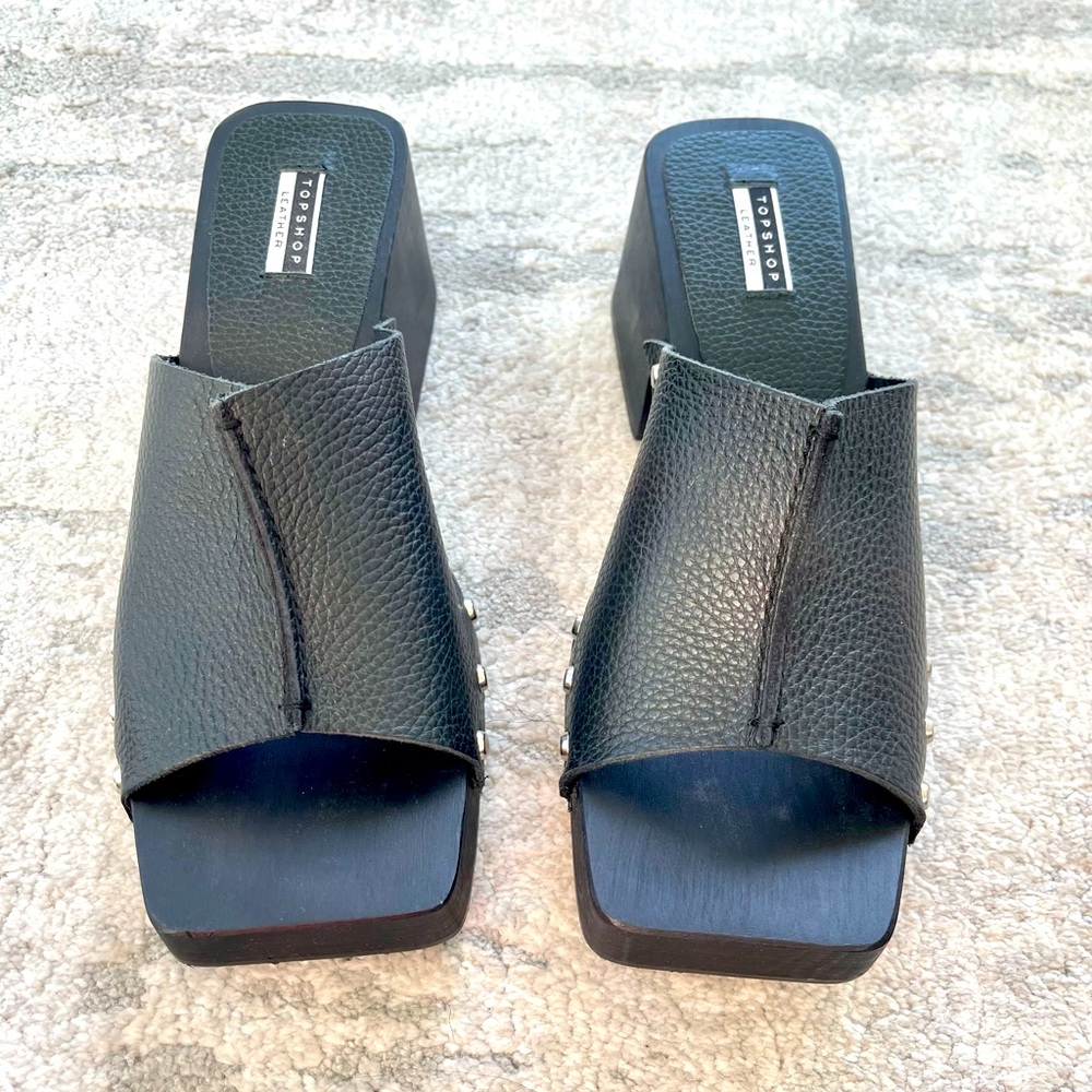 Topshop Rosie leather Mid Mule Clog in black